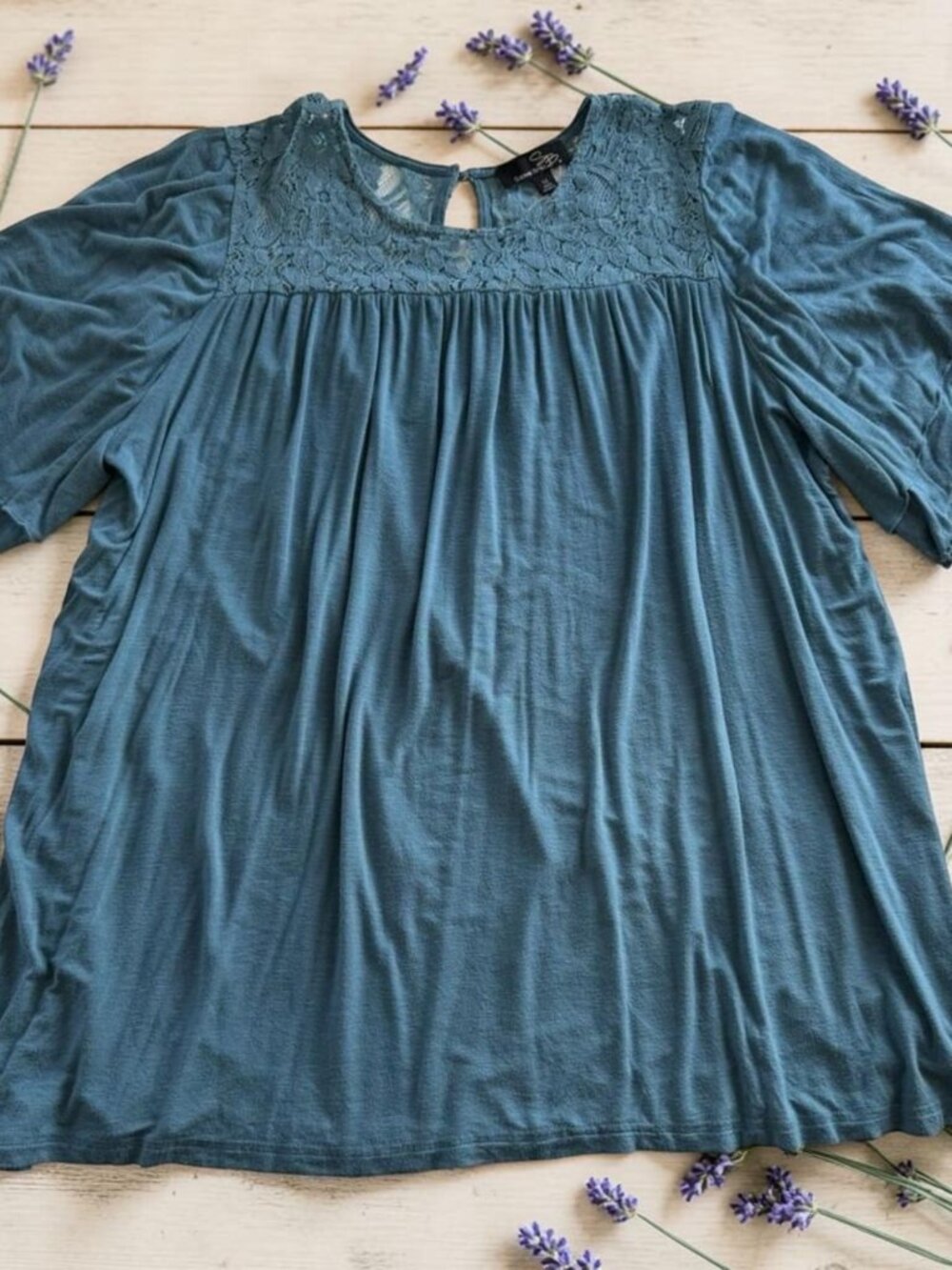Suzanne Betro 1X Blue‎ Lace Yoke Top Cottagecore Romantic Flowy Blouse